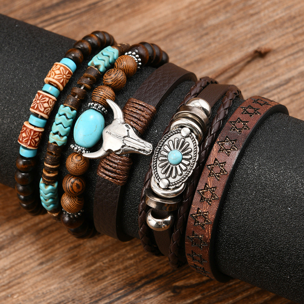 Wholesale Western Leather Cow Tau Pine Stone Chicken Wings nut Shell  6-piece Bracelet